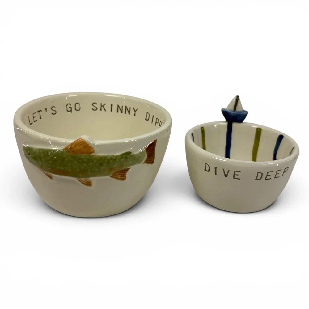 Mud Pie Skinny Dipping Trout and Sailboat Ceramic Dipping Bowl Set 2 Piece